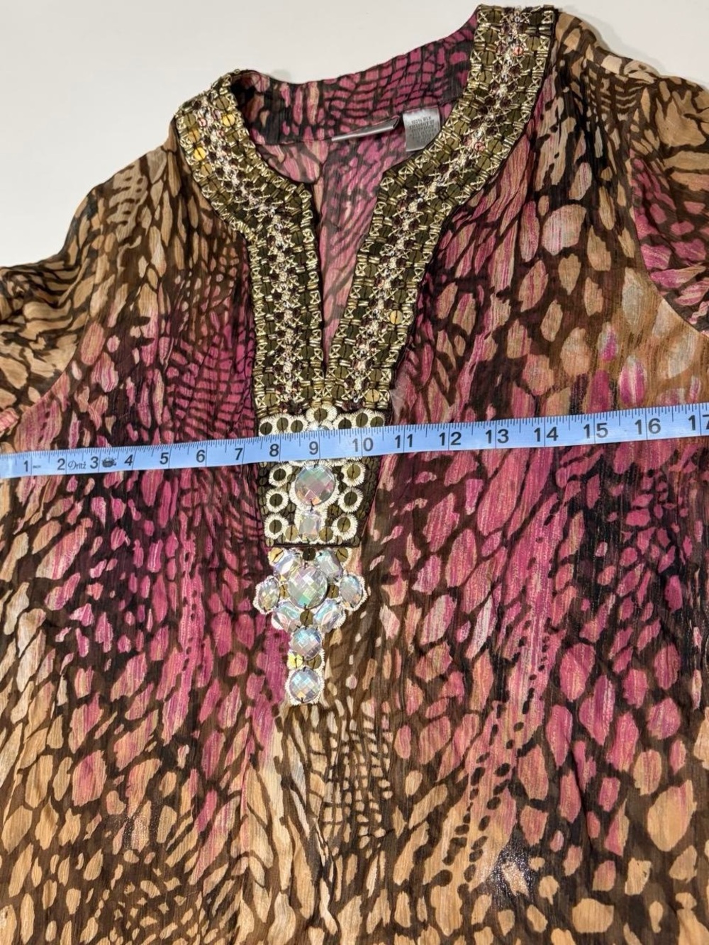Chico's Embellished Sheer Animal-Print Tunic in Brown and Pink - Picture 8 of 8